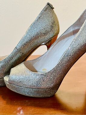 Michael Kors - Women's Silver Glitter Peep-Toe Heels